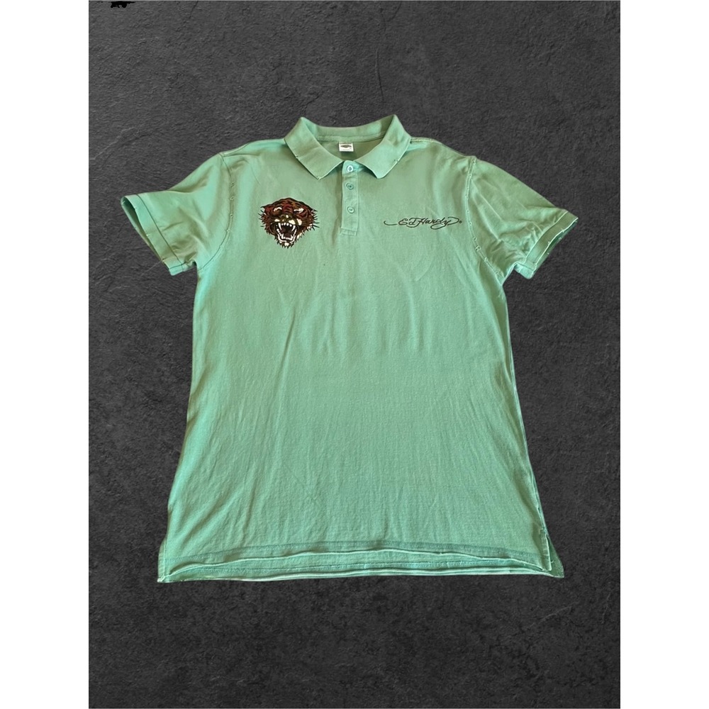 Ed Hardy Polo Shirt Mens 2XL Green Tiger Graphic Rhinestone Christian Audigier